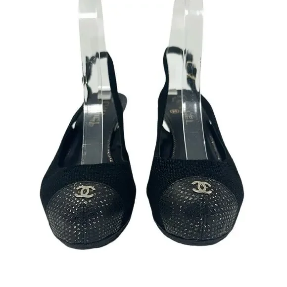 Chanel Tweed Slingback Cap Toe CC Logo Pumps Black Size 38 - Picture 5 of 12